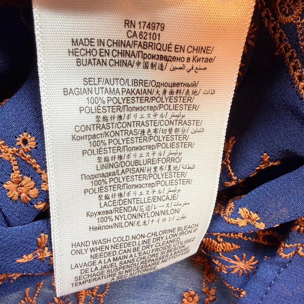 BCBGMAXAZRIA Navy Blue Orange Embroidered Lace Trim Maxi Dress Long Sleeve XXS - Picture 8 of 16